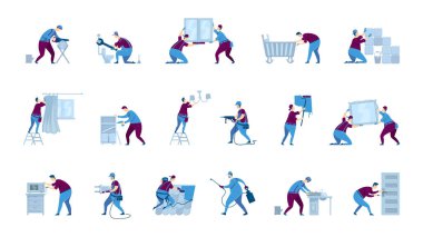 Becerikli düz renk vektörü meçhul karakterler ayarlandı. Becerikli numaralar. Profesyonel işçiler. Ev tadilatı için tamirci. Beyaz arkaplanda izole edilmiş çizgi film çizimleri onarıyor