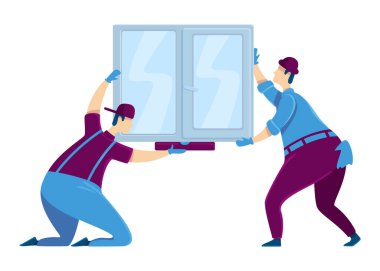 Pencere kurulumu düz renk vektörü yüzsüz karakter. Çerçevede cam tutan bir grup işçi. Ev geliştirme servisi. Üniformalı inşaatçılar. İzole edilmiş çizgi film çizimlerini onarır