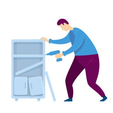 Tamirci düz renk vektörü yüzsüz karakter. Adam dolabı tamir ediyor. Adam raflara dizilmiş. Erkek mobilya monte eder. Profesyonel ev işleri ustası yardımı. İzole edilmiş çizgi film çizimlerini onarır