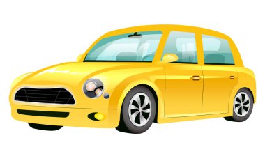 Sarı mini Cooper çizgi film çizimi. Eski moda, düz renkli bir araç. Beyaz arka planda izole edilmiş klasik ulaşım aracı. Boş retro otomobil açılı görünüm