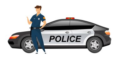 Devriye arabasının yanında duran yüzü olmayan bir polis memuru. Üniformalı polis memuru web grafik tasarımı ve animasyonu için karikatür çizimini izole etti. Kişisel arabası olan gülen bir polis.