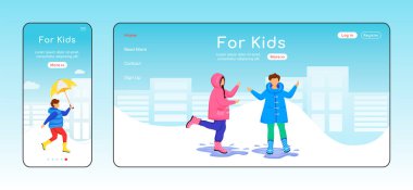 Çocuklar için düz renk vektör şablonu. Mobil ekran. Yağmurluklu çocuklar ana sayfanın düzeni. Yağmurlu bir günde sayfa arayüzü, çizgi film karakterleri. Su birikintisindeki çocuklar web pankartı, web sayfası