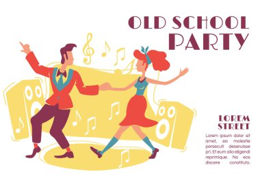 Old school party banner flat vector template. Rock n roll retro style disco, 70s dances. Brochure, poster concept design with cartoon characters. Horizontal flyer, leaflet with place for text clipart