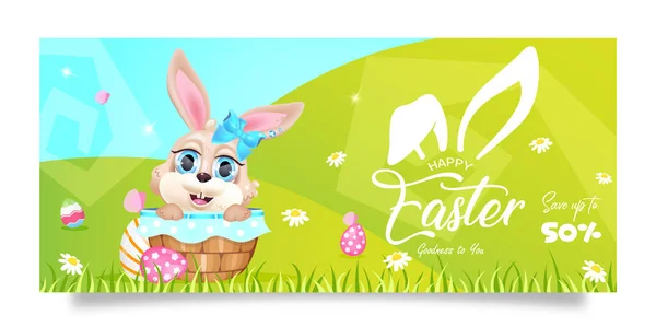 Happy Easter 50 percent sales banner flat vector template. Pascha holiday banner design with rabbit, hare in basket cartoon character. Printable postcard, special offer, discounts horizontal poster