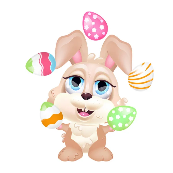 Cute Bunny Juggling Eggs Kawaii Cartoon Vector Character Adorable Funny — Stock Vector