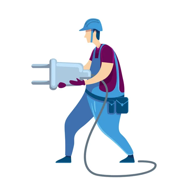 電気フラットカラーベクトル顔なし文字 プラグで労働者の制服の男 ハードハットの電気労働者 修理の専門家だ ホーム修理孤立した漫画のイラスト — ストックベクタ