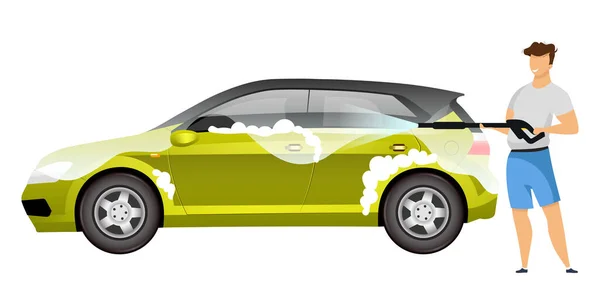 Hatchback Düz Renk Vektör Yüzsüz Karakteri Yıkayan Adam Yüksek Basınçlı — Stok Vektör