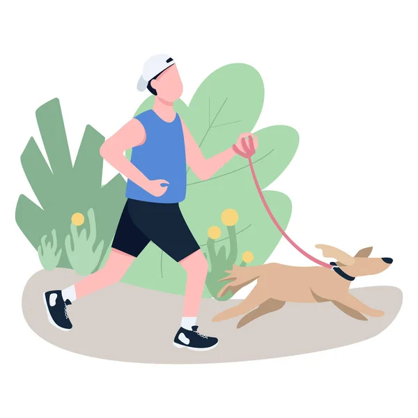 Jogger Mit Hund Flachen Farbvektor Gesichtslosen Charakter Sportler Läuft Park — Stockvektor