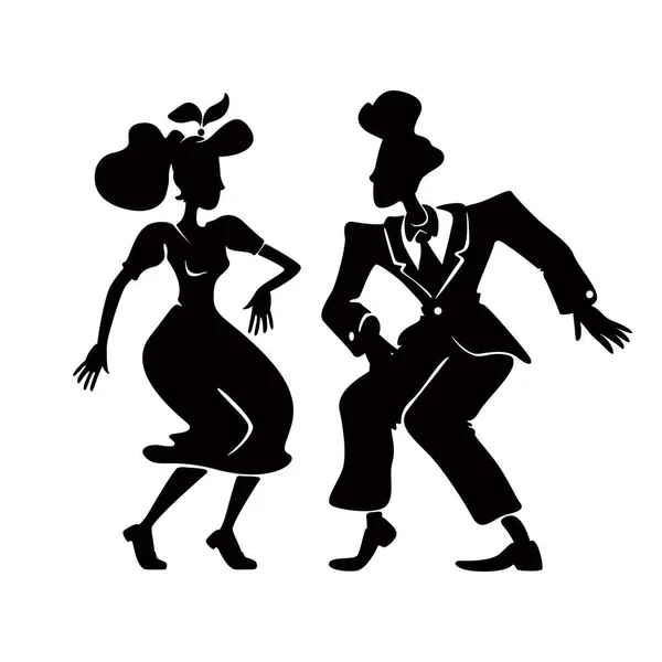 Swing Dance Pareja Silueta Negra Vector Ilustración Gente Anticuada Pose — Archivo Imágenes Vectoriales