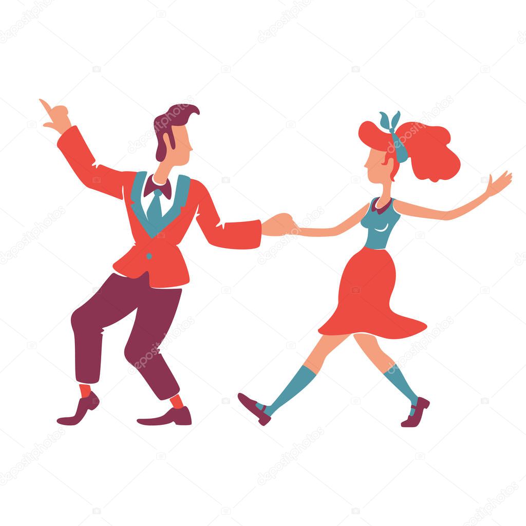Couple dancing boogie woogie flat color vector faceless characters. Caucasian 40s american woman and man. Retro style disco performers, old fashioned 50s show isolated cartoon illustration