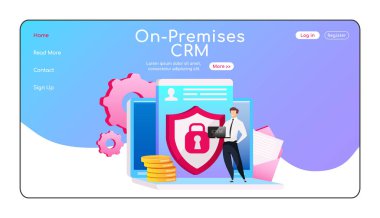 Bina CRM iniş sayfası düz renk vektör şablonu. Dizüstü bilgisayarın anasayfasının üzerinde duran adam. Veri güvenliği bir sayfa web sitesi çizgi film karakteriyle arayüzü. Bilgisayar yazılımı web pankartı, web sayfası