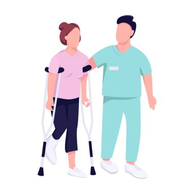 Koltuk değnekli yaralı bir kadın ve yüzü olmayan bir doktor. Fiziksel travma tedavisi gören kadın hasta web grafik tasarımı ve animasyonu için karikatür çizimlerini izole etti