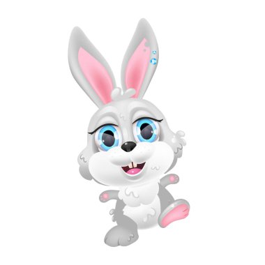 Tatlı gri Paskalya tavşanı Kawaii çizgi film vektör karakteri. Bahar bayramı sembolü. Sevimli ve komik hayvan gülümseyen münzevi çıkartma, yama. Anime bebek tavşan, beyaz arka planda mutlu tavşan emojisi