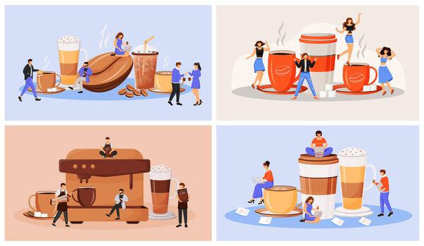 Coffee culture flat concept vector illustration set. Espresso making machine. Baristas preparing americano. Restaurant visitors 2D cartoon characters for web design. Cafeteria creative idea