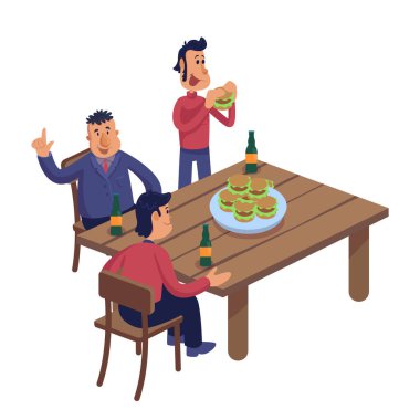 Pub Düz Çizgi Film Çizgi Filmleri 'nde erkek arkadaşlar. Yetişkin erkekler hamburger yiyip bira içiyor. Reklam, animasyon ve baskı için 2D karakter şablonu kullanmaya hazır. Soyutlanmış komedi kahramanı