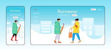 Yağmurluk iniş sayfası düz renk vektör şablonu. Mobil ekran. Yağmurluk ve botlar ana sayfada. Arkasında çizgi film karakteri ile bir sayfa arayüzü bırakan bir erkek. Yağmurlu gün web pankartı, web sayfası