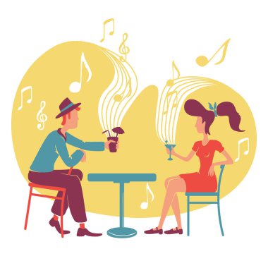 Jazz ve kokteyl barı 2D vektör web afişi, poster. Eskiler kulübündeki zarif çift çizgi film arka planında düz karakterlerle çıkıyor. 1940 'ların tarzı parti yazdırılabilir yamaları, renkli web ögeleri