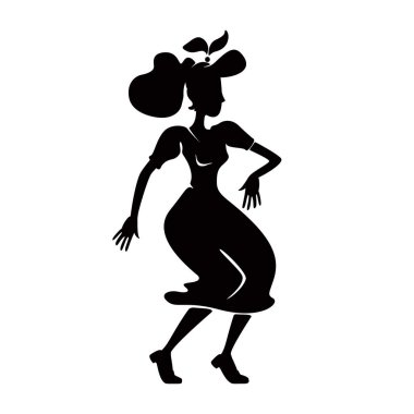 Rockabilly kadın siyah siluet vektör çizimi. Dans eden kadın pozu. Zarif eski moda kız boogie woogie yapıyor. Reklam, animasyon, baskı için çizgi film karakteri şekli.