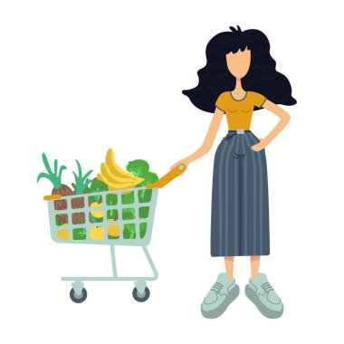 Sıfır atık düz çizgi film vektör çizimi. Kadın el arabasında doğal yiyecekler tutuyor. Vitamin diyeti. Ticari, animasyon ve baskı tasarımı için 2D karakter şablonu kullanmaya hazır. Soyutlanmış komedi kahramanı