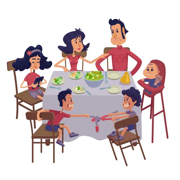 Familie Zusammen Beim Essen Flache Zeichentrickvektorillustration Mama Und Papa Mit — Stockvektor