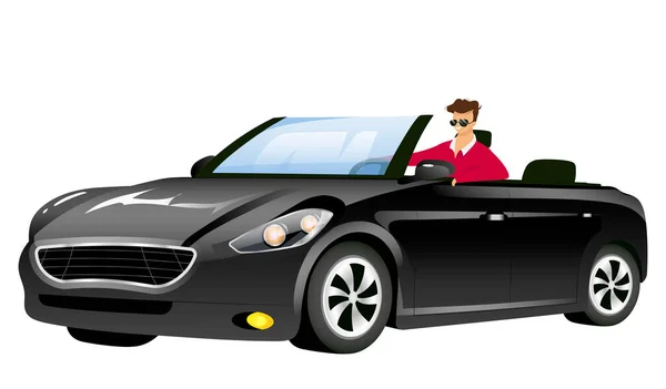 男人在出租车平色矢量无脸字符 戴太阳镜的家伙驾驶汽车为网页平面设计和动画制作孤立的卡通画 青少年暑期公路旅行 — 图库矢量图片