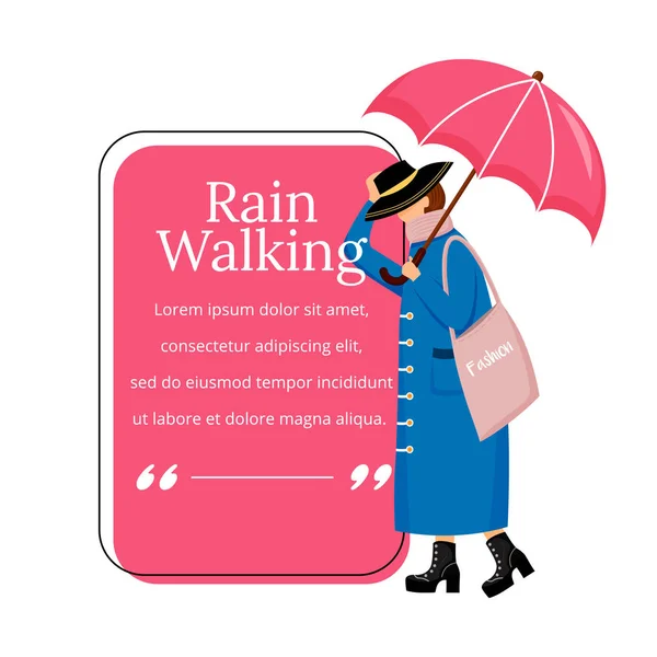 Lluvia Caminando Color Plano Vector Carácter Cita Mujer Moda Tacones — Vector de stock