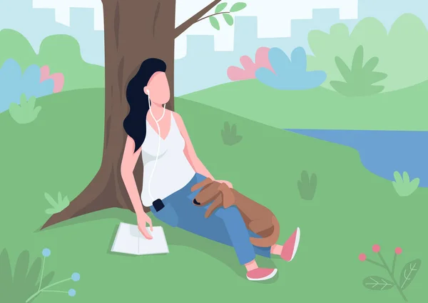女の子公園フラットカラーベクトルイラストで休憩 本が木の近くに座っているヘッドフォンの女性 湖と犬の2D漫画のキャラクターと遊ぶ 背景に茂みやリモートの街並み — ストックベクタ