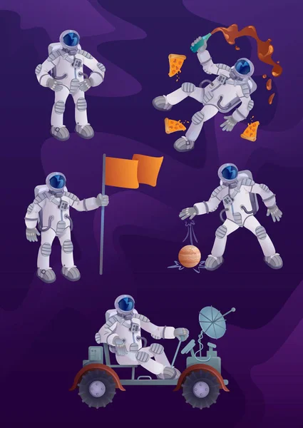 Kosmonaut Zeichentrickfigur Illustrationen Kit Astronaut Raumanzug Weltraumforschung Bemannte Raumfahrt Gebrauchsfertige — Stockvektor