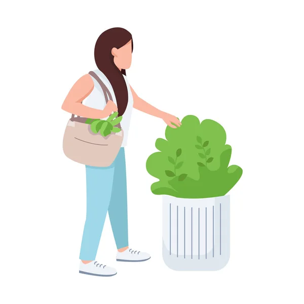 Mulher Tocando Arbusto Amante Natureza Menina Jovem Verde Cor Plana — Vetor de Stock