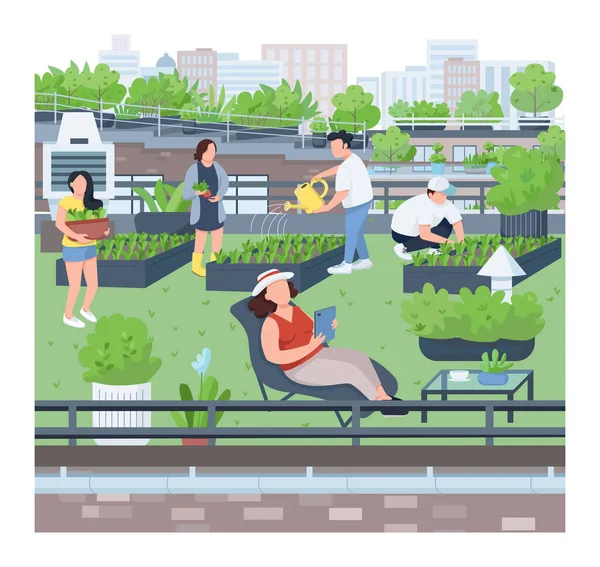 Kertészeti Lapos Színű Vektor Illusztráció Városi Kertészkedés Mezőgazdaság Tetőzöldítés Emberek — Stock Vector
