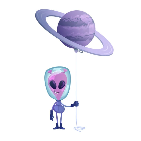 Alien Avec Planète Ballon Plat Dessin Animé Vecteur Illustration Extraterrestre — Image vectorielle