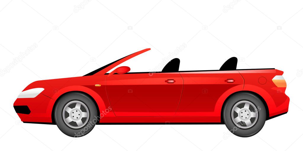 Red cabriolet cartoon vector illustration. Fashionable summer car without roof flat color object. Stylish crimson automobile side view. Luxurious personal vehicle isolated on white background