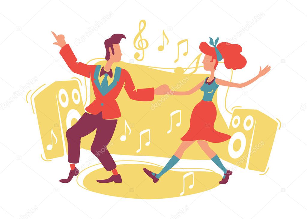 Boogie woogie dancing 2D vector web banner, poster. Rock n roll dancers flat characters on cartoon background. Retro couple at dance floor. Old school printable patches, colorful web elements