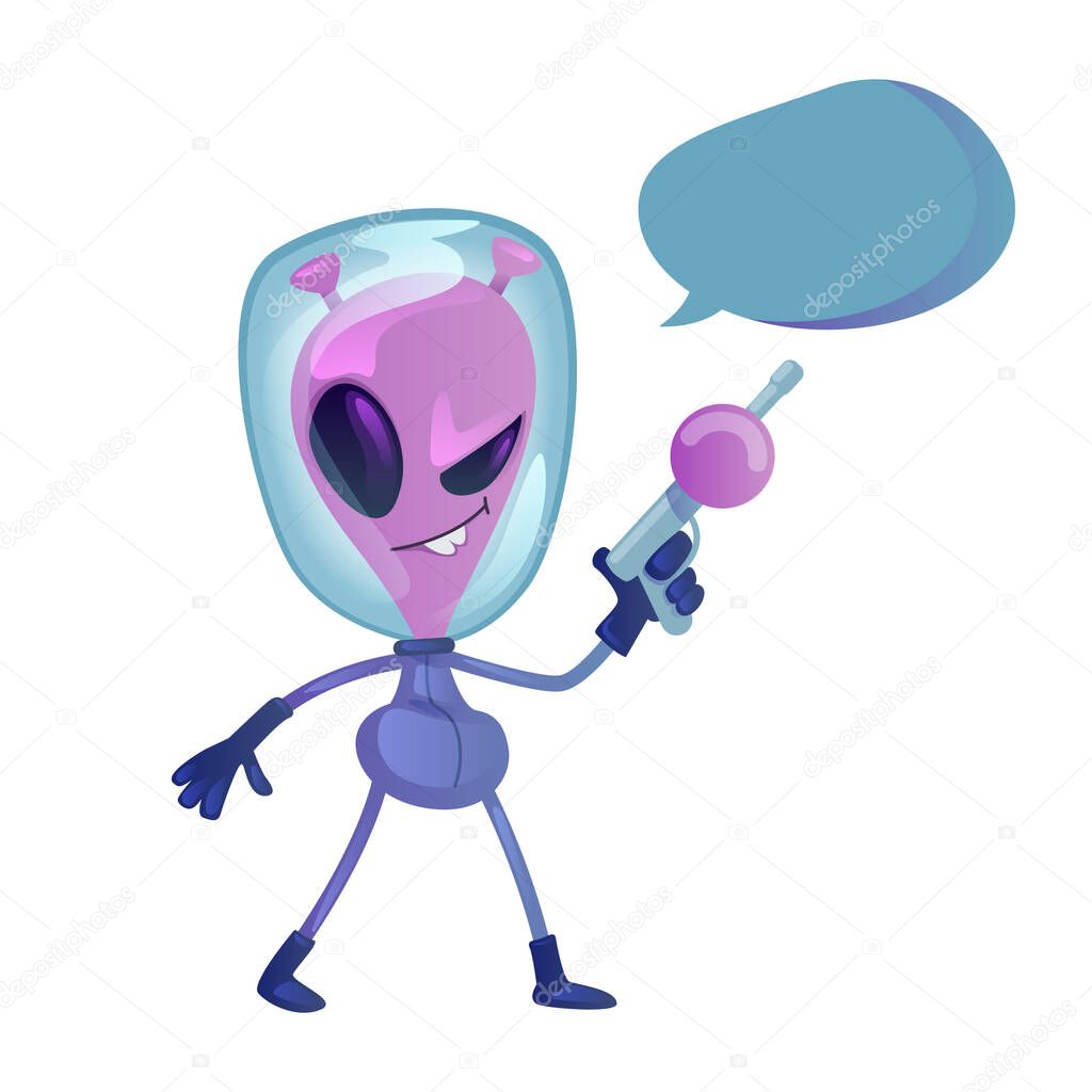 Alien with weapon flat cartoon vector illustration. Martial with gun. Ready to use 2d character template for commercial, animation, printing design. Isolated comic hero with empty speech bubble