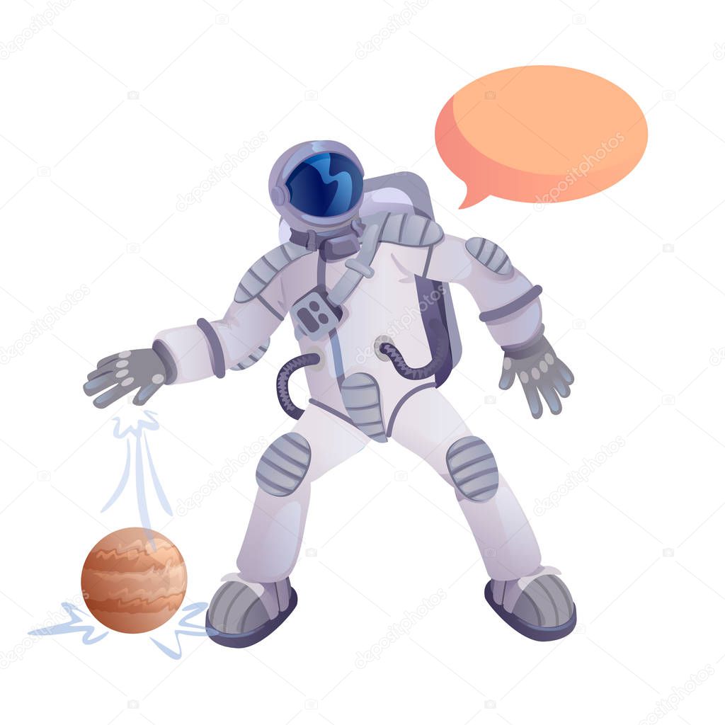 Mars planet explorer flat cartoon vector illustration. Astronaut. Ready to use 2d character template for commercial, animation, printing design. Isolated comic hero with empty speech bubble