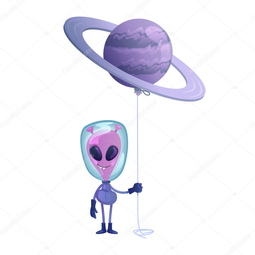 Alien with planet balloon flat cartoon vector illustration. Extraterrestrial in spacesuit. Ready to use 2d character template for commercial, animation, printing design. Isolated comic hero