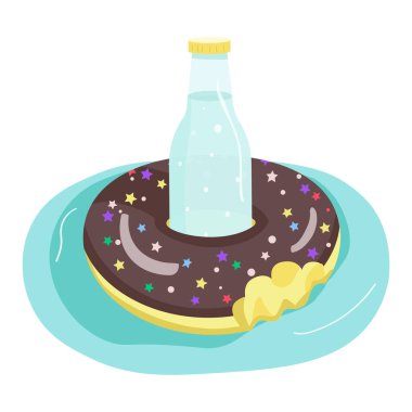 Şişirilebilir çörek karikatür vektör çizimi. İçkileri tutmak için eğlenceli şişme yatak. Havuz partisi eşyası. Cam şişedeki maden suyu düz renkli nesne. Beyaz arkaplanda izole edilmiş sıvı tazeleniyor