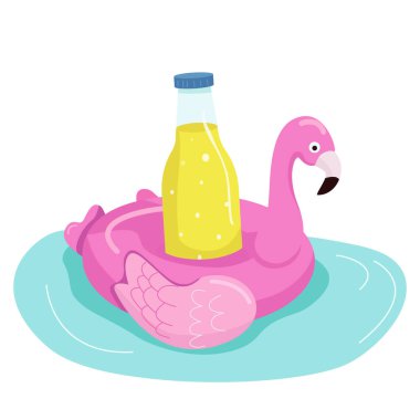 Şişirilebilir flamingo karikatür vektör çizimi. İçkileri koymak için güzel bir şişme yatak. Havuz partisi eşyası. Cam şişedeki limonata düz renkli nesne. Citrus sodası beyaz arkaplanda izole edilmiş.
