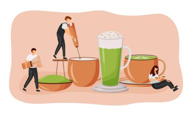 Matcha latte düz konsept vektör çizimi. Yeşil çay tozu. Sıcak içecek yapan adam. Japon besleyici içeceği. Barista 2D çizgi film karakterleri web tasarımı için. Kahve dükkanı yaratıcı bir fikir.