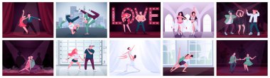 Couples dancing flat color vector illustrations set. Ballet, twist, latino dance contest participants. Tango, rumba, contemp, breakdance male and female performers 2D cartoon characters clipart