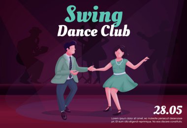 Swing dans kulübü pankartı düz vektör şablonu. Broşür, çizgi film karakterleriyle poster tasarımı. Retro canlandırma partisi, büküm rekabeti yatay el ilanı, metin için yeri olan broşür