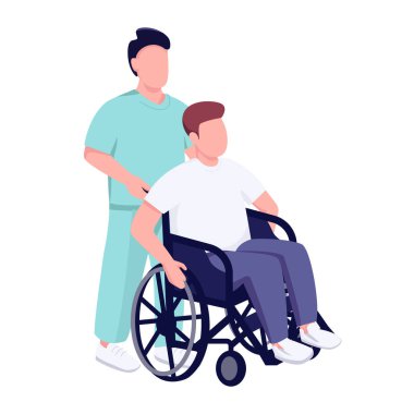 Tekerlekli sandalyedeki hasta düz renkli vektör yüzsüz karakter. Tıbbi ekipman içinde oturan engelli bir erkek web grafik tasarımı ve animasyonu için izole edilmiş çizgi film çizimi