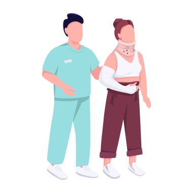 Eli kırık bir hastane hastası ve travmatolog düz renk vektörü olan yüzsüz bir karakter. Kolu ve boynu yaralanmış bir kadın web grafik tasarımı ve animasyonu için izole edilmiş çizgi film çizimi