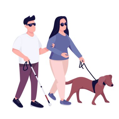 Rehber köpeği düz renk vektör yüzsüz karakteri olan kör adam ve kadın. Görme sorunu olan genç bir çift birlikte yürürken web grafik tasarımı ve animasyonu için izole edilmiş karikatür çizimi yapıyorlar.