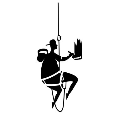 Adam siyah siluet vektör resimlerini boyuyor. Boyacı koşum takımına tutun. Ev tamiri. Çalışan kişi pozu. Tamirci 2d karikatür karakteri. Reklam, animasyon, baskı için.