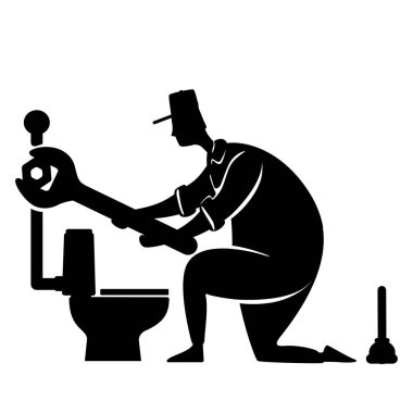 Tesisat hizmetleri siyah siluet vektör çizimi. İngiliz anahtarlı bir tesisatçı. Ev tamiri. Çalışan kişi pozu. Tamirci 2d karikatür karakteri. Reklam, animasyon, baskı için.