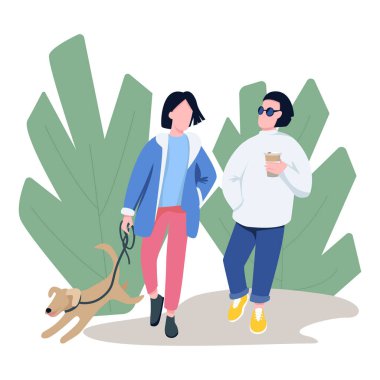Düz renkli, yüzsüz karakterlerle yürüyen arkadaşlar. Köpek sahibi, evcil hayvan sever, parkta komşusuyla geziyor. Web grafik tasarımı ve animasyonu için karikatür çizimleri yapıyor.