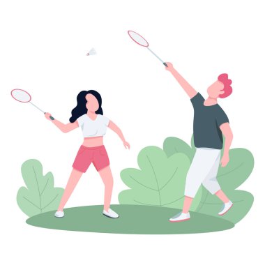 Badminton oynayan çift düz renk vektörü, yüzsüz karakterler. Arkadaşlar, kardeşlerim açık hava oyunundan, aktif istirahat çizgi film çizimlerinden, web grafik tasarımı ve animasyonundan keyif alıyorlar.