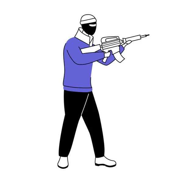 Homem Máscara Balaclava Silhueta Plana Ilustração Vetorial Terrorista Com Metralhadora — Vetor de Stock