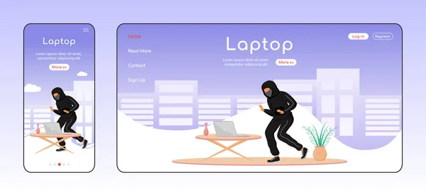 Laptop Diefstal Adaptieve Landing Page Platte Kleur Vector Template Huis — Stockvector
